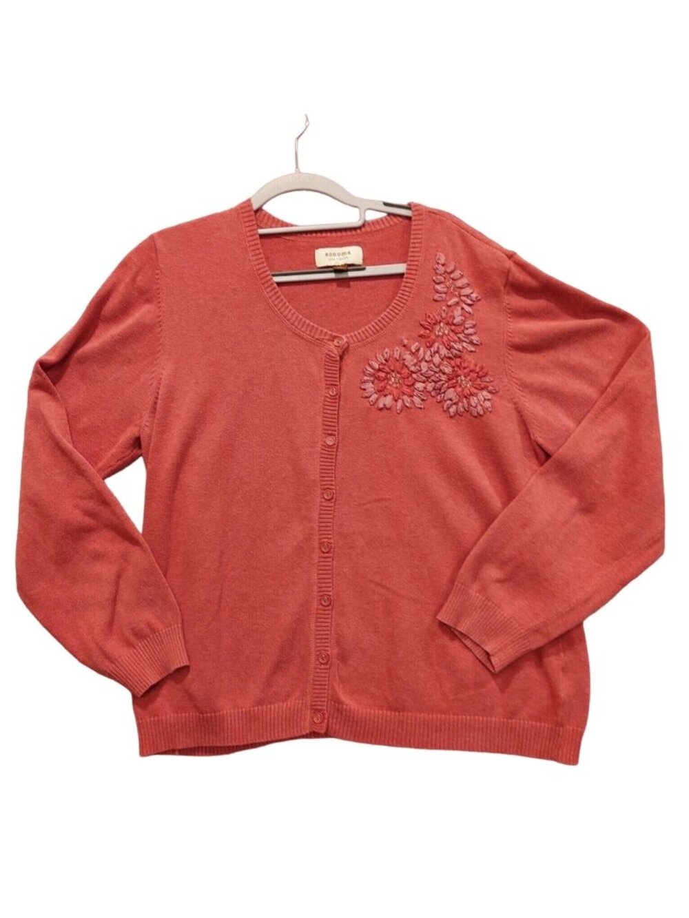 Sonoma Womens XL Dusky Rose Embroidered Scoop Neck Cardigan Sweater Feminine